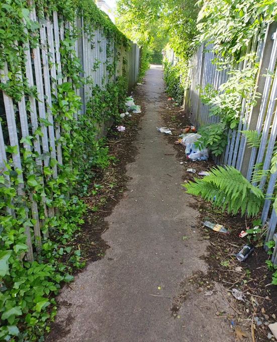 A narrow, litter-strewn path between two fences, one covered in ivy, with trees overhead.