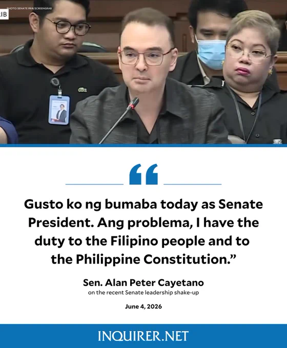 Sen. Alan Peter Cayetano said he is reluctant to immediately step down as Senate President amid the recent Senate leadership shake-up, citing his continuing duty to uphold his responsibilities to the Filipino people and the Philippine Constitution.
