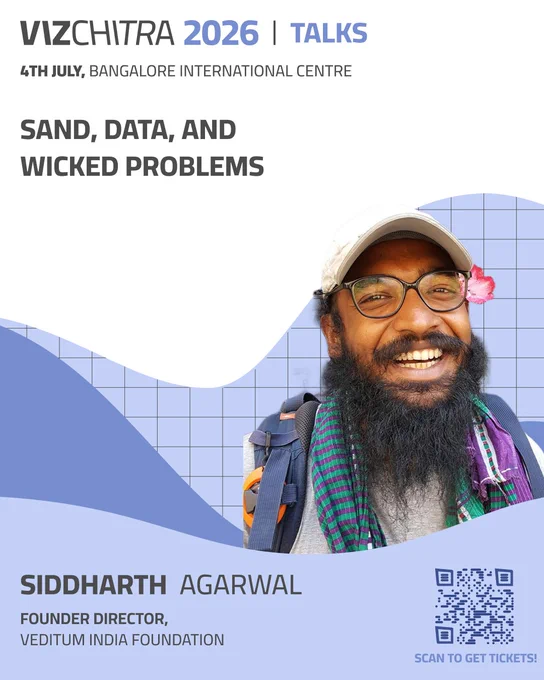 VizChitra 2026 talk announcement featuring Siddharth Agarwal, Founder of Veditum India Foundation, speaking on illegal sand mining in India’s rivers and how it resists simple data solutions. The session titled "Sand, Data, and Wicked Problems" explores India Sand Watch and its evolution from early machine learning attempts into a large open-data effort built through volunteering networks, data sprints, and cross-sector collaboration. Includes QR code for VizChitra 2026 at Bangalore International Centre on 4 July 202
