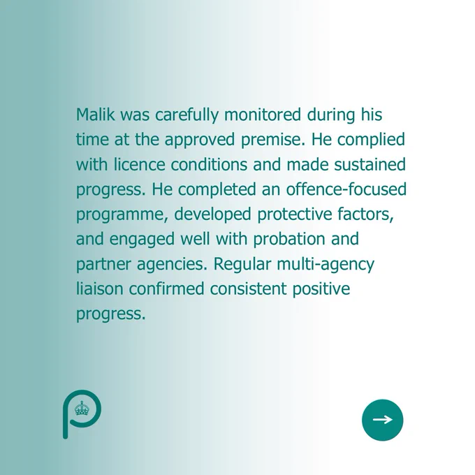 Malik was carefully monitored during his time at the approved premise. He complied with licence conditions and made sustained progress. He completed an offence‑focused programme, developed protective factors, and engaged well with probation and partner agencies. Regular multi‑agency liaison confirmed consistent positive progress.