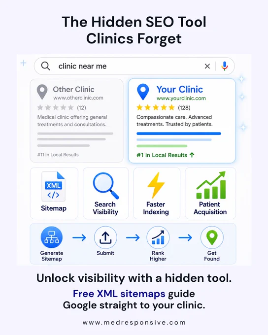 Invisible pages mean invisible clinics. XML sitemaps make sure Google sees it all. MedResponsive provides a properly structured free XML sitemap generator that unlocks visibility, build trust, and win patients.

#XMLSitemapGenerator  #OrganicSEO #MedicalMarketing #HealthcareWebDesign