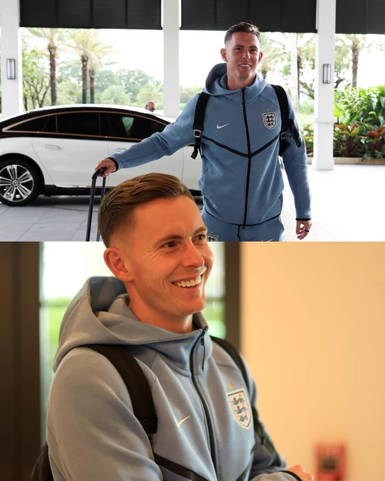 Two images of Dean Henderson smiling as he arrives in Florida