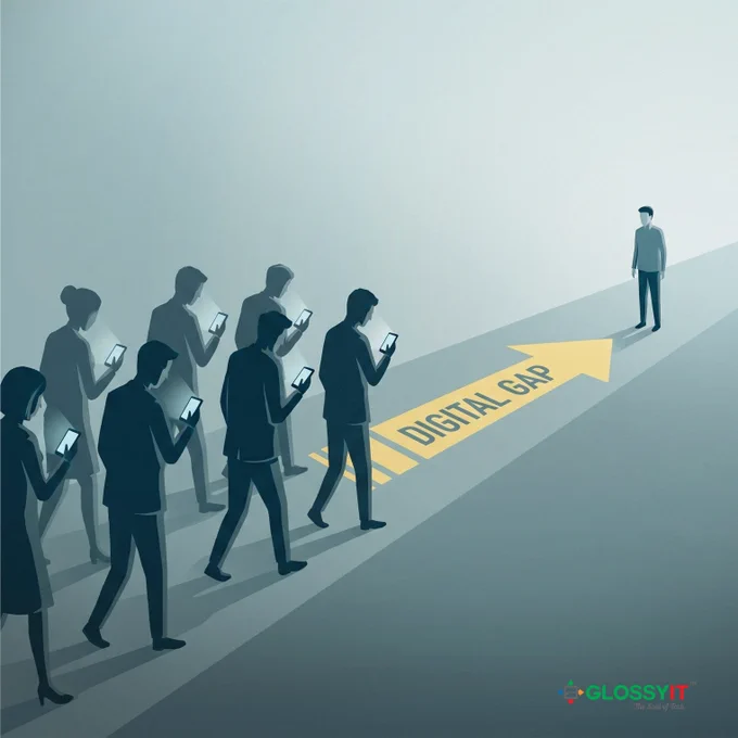 Conceptual scene. Multiple people using mobile apps moving forward. One person behind without phone. Directional arrow showing gap.