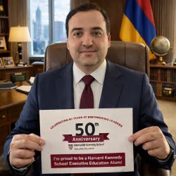 Vahe Karapetyan holding a sign celebrating the 50th Anniversary at Harvard Kennedy School Executive Education, reading, "I'm proud to be a Harvard Kennedy School Executive Education Alum!"