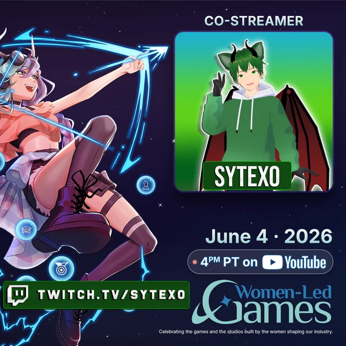Ein digitaler Event‑Banner für die Women‑Led Games Showcase: Summer Game Fest Edition. Links ist eine dynamische Anime‑Figur mit mehrfarbigen Haaren zu sehen, die leuchtende blaue Pfeile aus Energie formt. Die Figur steht vor einem dunklen, leicht glitzernden Hintergrund mit futuristischen Symbolen.

Rechts befindet sich ein eingerahmtes Porträt des Co‑Streamers Sytexo: ein grüner, drachenähnlicher Charakter mit Ohren, kleinen Flügeln und einer grünen Kapuzenjacke. Die Figur zeigt ein Peace‑Zeichen und lächelt. Über dem Porträt steht „CO‑STREAMER“, darunter der Name „SYTEXO“.

Am unteren Rand stehen die Event‑Informationen:
„June 4 · 2026“, „4PM PT on YouTube“ und der Hinweis auf den Twitch‑Kanal „TWITCH.TV/SYTEXO“.
Darunter befindet sich das Logo der Women‑Led Games mit dem Slogan „Celebrating the games and the studios built by the women shaping our industry.“

Zusätzliche Information zur Barrierefreiheit:
Die angegebene Zeit „4PM PT“ entspricht 05.06.2026 um 01:00 Uhr deutscher Zeit.