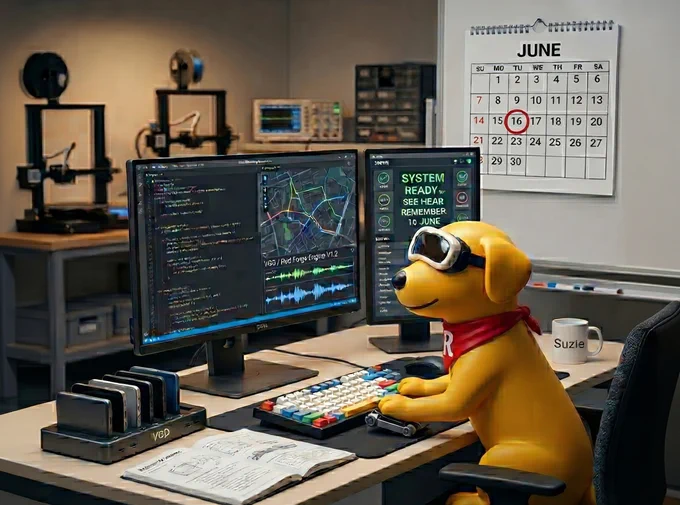Suzie, Virtual Guide Dogs mascot wearing VR headset and red bandana with white R sitting in an R&D lab.  She is seen typing on a colorful keyboard with code and navigation maps on dual monitors. The calendar has the month of June with a red circle around 16.