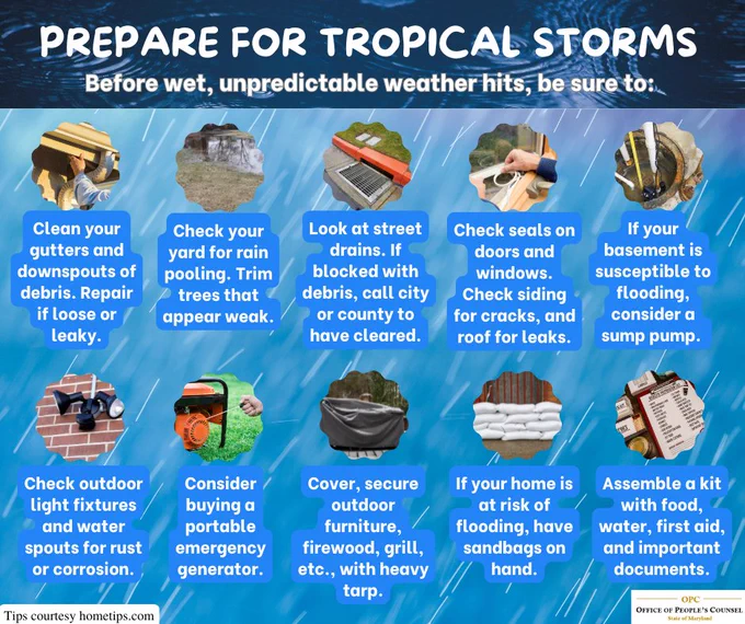 Utility power-outage phone numbers and tips on storm preparedness including cleaning your gutters of debris, checking your yard for rain pooling, trimming trees that appear weak, checking seals on doors and windows, and covering and securing outdoor furniture and firewood and grill.