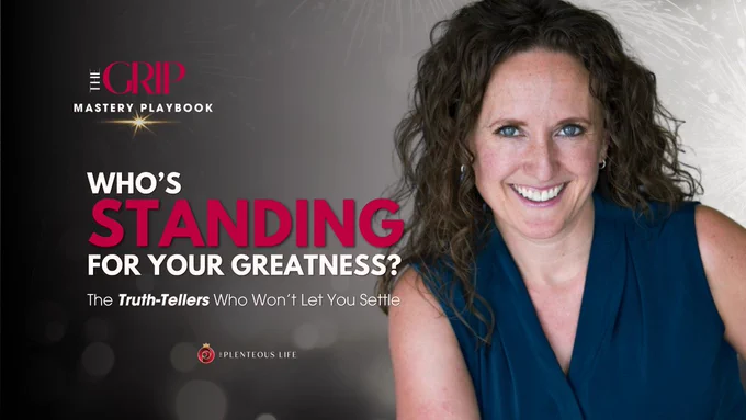 Wide-format title image for The Grip Mastery Playbook. Becky Henderson appears on the right, smiling confidently at the camera in a sleeveless teal wrap top, curly brown hair framing her face. The left side features a dark gradient background with bokeh light effects and a starburst accent beneath the publication logo. The Grip Mastery Playbook logo appears upper left in white and crimson. The issue title reads "WHO'S STANDING FOR YOUR GREATNESS?" in bold white and crimson typography, with "STANDING" in large crimson block letters. The subtitle reads "The Truth-Tellers Who Won't Let You Settle" with "Truth-Tellers" italicized and bolded. The Plenteous Life logo appears centered near the bottom. Warm, authoritative composition connecting Becky's presence to the issue's central question: who in your life will stand for who you're capable of being?