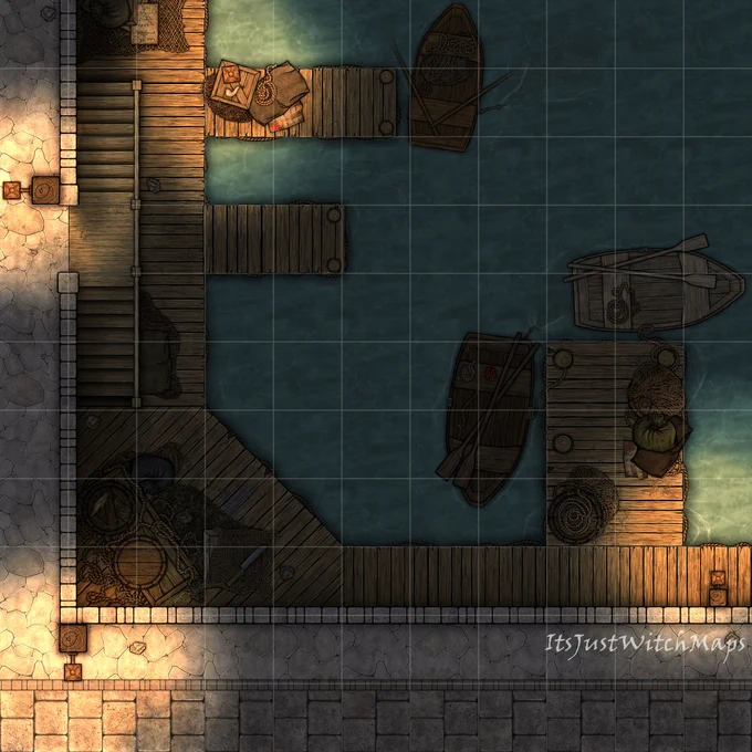 Night version of a dock battlemap made with ItsJustWitch assets. There is a wooden dock with three small piers below a stone wall that is waist high to the street above. The street is made of a flagstone footpath adjacent to a stone road. On the water are three row boats, and littering the map is various debris, storage (barrels, crates, sacks), ropes, and fishing nets. Contrasting to the daytime version, this darker version is lit brightly in 4 areas by 4 lamps.