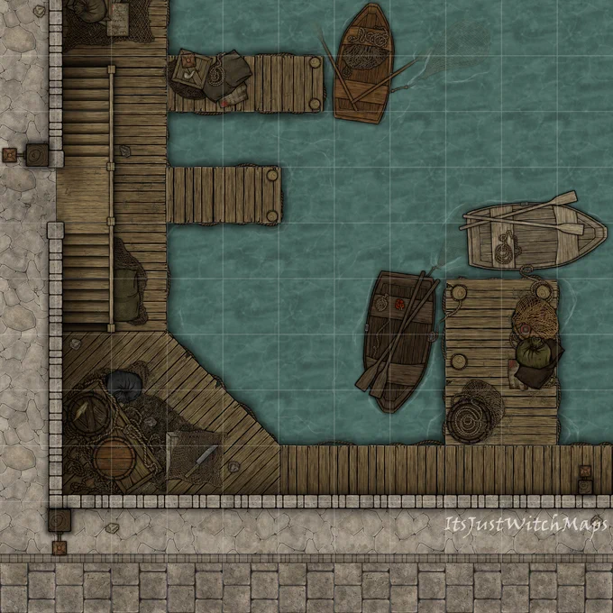 Neutral version of a dock battlemap made with ItsJustWitch assets. There is a wooden dock with three small piers below a stone wall that is waist high to the street above. The street is made of a flagstone footpath adjacent to a stone road. On the water are three row boats, and littering the map is various debris, storage (barrels, crates, sacks), ropes, and fishing nets. This version is considered neutral because it has no day or night time effects.