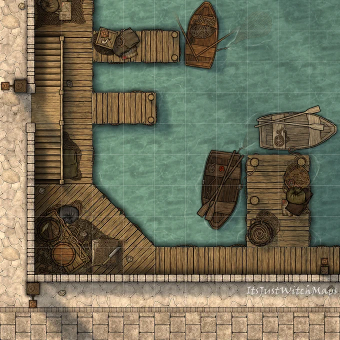 Daytime version of a dock battlemap made with ItsJustWitch assets. There is a wooden dock with three small piers below a stone wall that is waist high to the street above. The street is made of a flagstone footpath adjacent to a stone road. On the water are three row boats, and littering the map is various debris, storage (barrels, crates, sacks), ropes, and fishing nets.