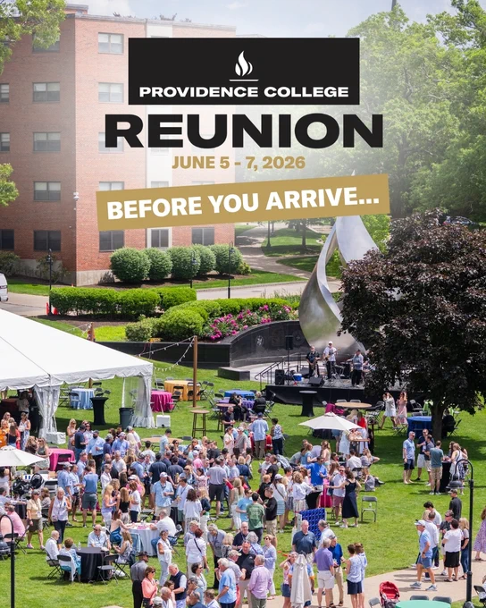 Crowds of Reunion attendees on a sunny Slavin lawn at Providence College. Text reads Providence College Reunion, June 5-7, 2026, and "Before you arrive..."