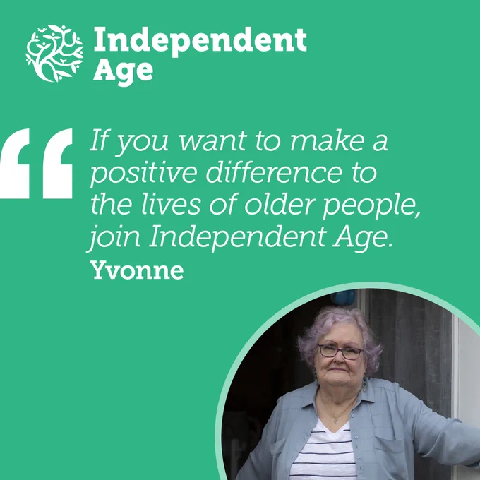 Yvonne stands in her doorway, she has short lilac hair and wears a striped top with a shirt over it. A quote from her reads: "If you want to make a positive difference to the lives of older people, join Independent Age."