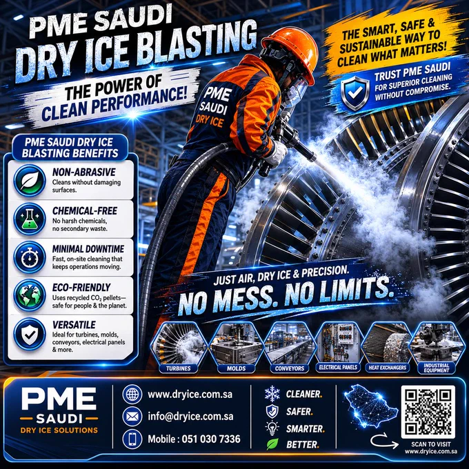 DRY ICE BLASTING FOR TURBINE ROTOR
Safe. Dry. Non-Abrasive.

PME Saudi Dry Ice provides professional dry ice blasting services for turbine rotor cleaning, generator parts, stator, blades, and industrial equipment.

Remove oil, grease, carbon, dust, and contamination without water, chemicals, or surface damage.

Benefits:
✅ No moisture
✅ No secondary waste
✅ Safe for precision parts
✅ Reduces shutdown time
✅ Eco-friendly cleaning

PME Saudi Dry Ice
Industrial Cleaning | Dry Ice Supply | Equipment Cleaning
📞 059 282 4114 / 051 030 7336
🌐 dryice.com.sa

#DryIceBlasting #TurbineCleaning #TurbineRotor #IndustrialCleaning #PMESaudiDryIce #DryIceCleaning #PowerPlantMaintenance #SaudiArabia
