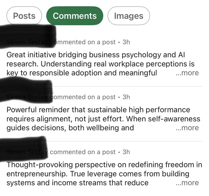 Screenshot of three LinkedIn comments made of wallpaper paste mixed with vapid generalities