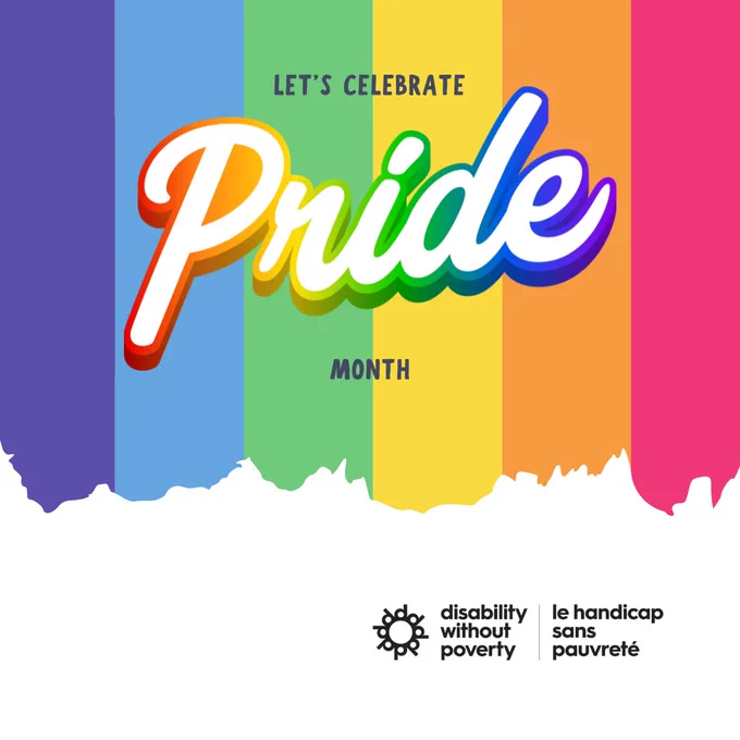 Text: Let's celebrate Pride Month. Rainbow background.