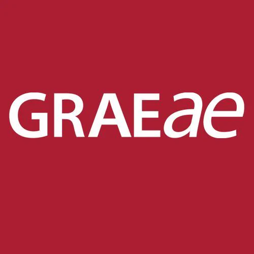 Logo: Graeae in white text on a red background