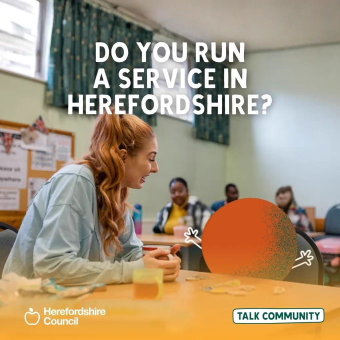 Herefordshire Council graphic asking 'Do you run a service in Herefordshire?' with people in a meeting.