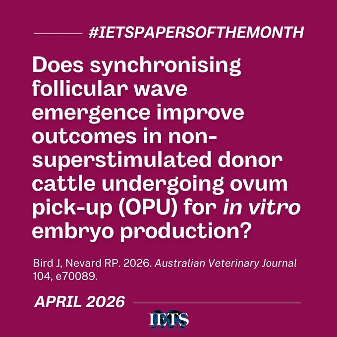 #IETSPapersOfTheMonth

Does synchronising follicular wave emergence improve outcomes in non-superstimulated donor cattle undergoing ovum pick-up (OPU) for in vitro embryo production?

Bird J, Nevard RP. 2026. Australian Veterinary Journal 104, e70089.

April 2026
