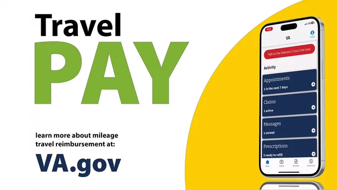 Smartphone screen showing VA app with appointments, claims, messages, and prescriptions under Travel PAY program info.