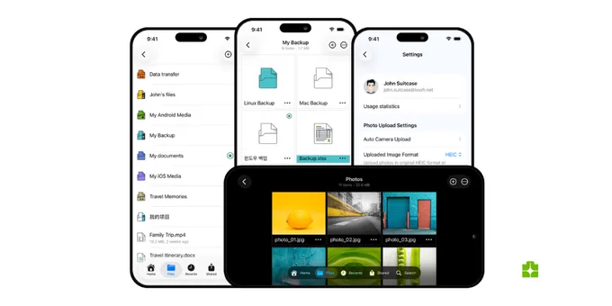 The image showcases Koofr's iOS app interface, displaying file management, user settings, and photo uploads with a modern design.