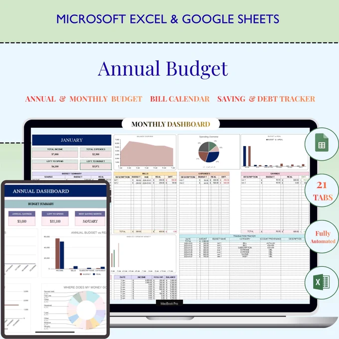Stay on top of your finances all year with the Annual Budget Template.

✔ Annual Dashboard
✔ 12-Month Dashboard
✔ Smart Calendar
✔ Net Worth Tracker
✔ Debt Tracker
✔ Bank Account Setup
✔ Budget Improvement Tools

Track spending, manage debt, monitor net worth, and achieve your financial goals from one powerful spreadsheet.

#BudgetTemplate #PersonalFinance #Budgeting #MoneyManagement #FinancialPlanning #FinanceTracker #DebtTracker #NetWorthTracker #GoogleSheets #ExcelTemplate #Productivity
