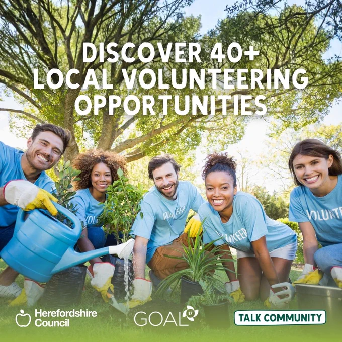 Volunteers planting in a garden, with text promoting local volunteering opportunities.