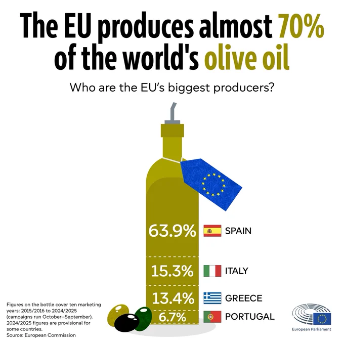 Infographic with the title ''The EU produces almost 70% of the worlds olive oil''. Underneath there is a stacked bar chart entitled ''Who are the EU's biggest producers?''. Illustrated on a bottle of olive oil, the chart displays the top four EU countries that produce the most olive oil. From highest to lowest - Spain 63.9 percent, Italy 15.3 percent, Greece 13.4 percent, Portugal 6.7 percent. Figures on the bottle cover ten marketing years from 2015/2016 to 2024/2025  with campaigns running from  October to September. The 2024/2025 figures are provisional for some countries. The source is the European Commission. 