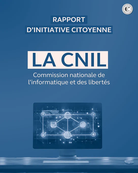 Image au fond dégradé rose clair avec au centre le texte suivant : « Rapport d'initiative citoyenne : La CNIL, Commission nationale de l'informatique et des libertés ». En dessous du titre, un écran d'ordinateur affiche un schéma numérique avec des icônes représentant la sécurité des données et le réseau informatique. Sur le coin supérieur droit, il y a le logo de la Cour des comptes