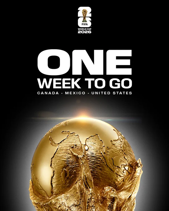 A graphic with a close-up image of the FIFA World Cup trophy, which reads:

One week to go. Canada, Mexico, United States.