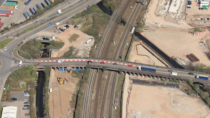An aerial photo of Aston Church Road bridge which is being demolished by HS2 to make way for Britain’s new high-speed railway. In the photo you can see that the bridge spans the existing railway which is why closures will be needed during two weekends in June to allow engineers to safely access the site.