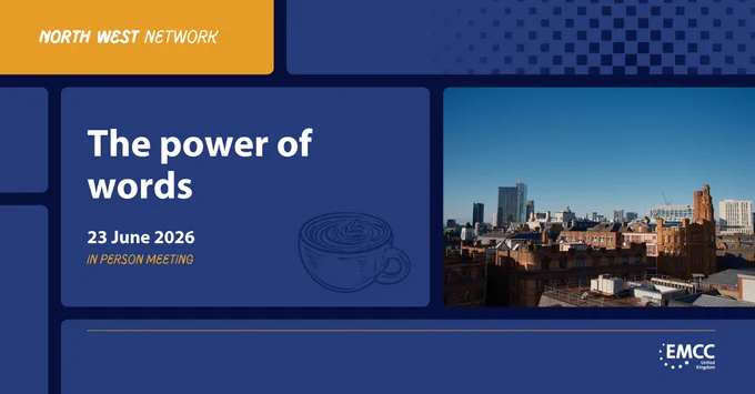 City skyline under clear blue sky with event details for 'The power of words' meeting on 23 June 2026 by North West Network.