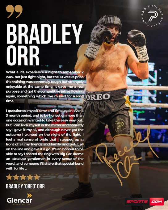 Boxer Bradley Orr stands confidently in a boxing ring, wearing gloves and headgear, alongside an inspirational quote and message. The scene captures the intensity and dedication of the sport.