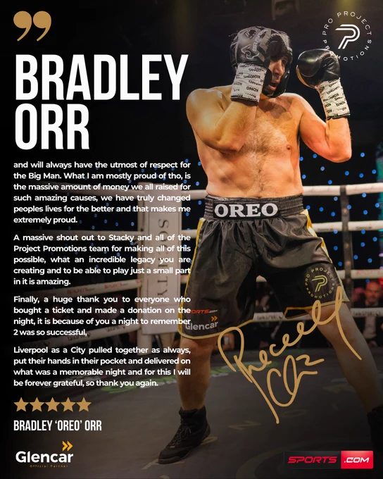 Boxer Bradley Orr in a ring, promoting a charity event with heartfelt messages of gratitude and respect. The mood is celebratory and appreciative.