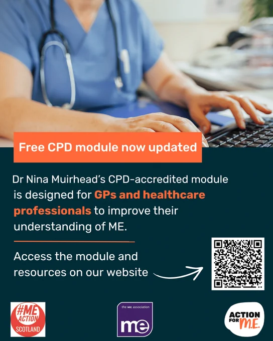 Photograph of a person wearing blue scrubs and with a stethoscope around their neck. They are sitting at a computer keyboard. Their head is not visible. The logos of M E Action Scotland, the M E Association and Action for M E are at the bottom of the graphic, below the text