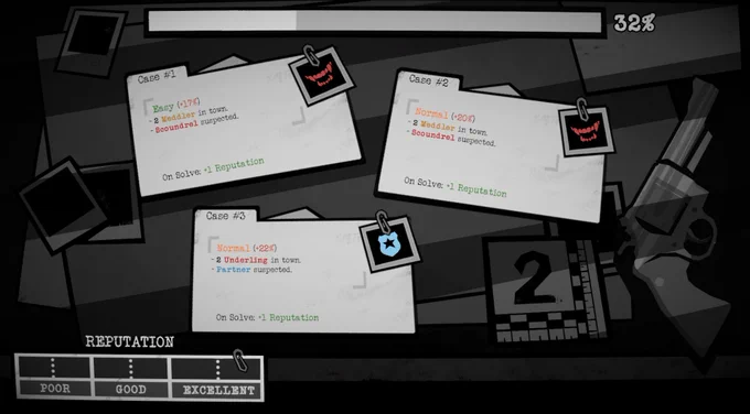 Screenshot from Dupery. Image shows a case selection screen with 3 different case files presented. Along the top is a progress bar.