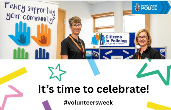 Two women volunteers smiling, promoting 'Citizens in Policing' for Devon & Cornwall Police during #volunteersweek.