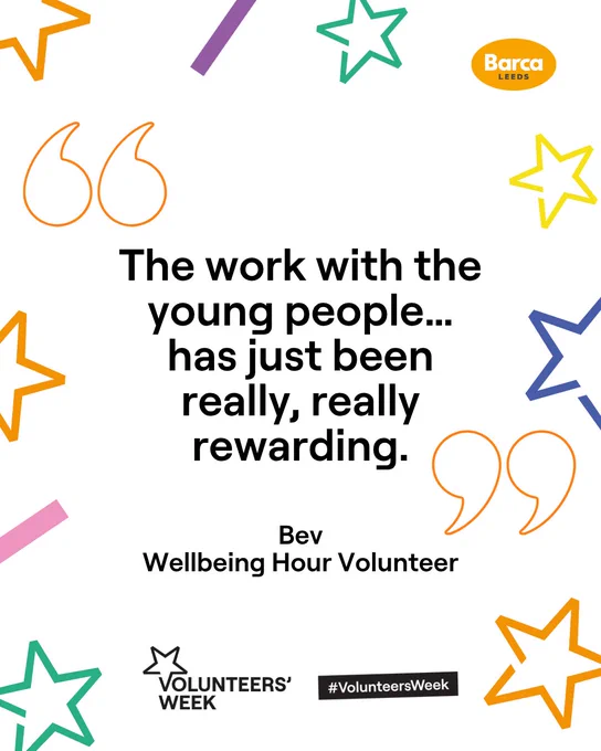 "The work with the young people...has just been really, really rewarding."
- Bev, Wellbeing Hour Volunteer

Barca logo, Volunteers' Week logo, #Volunteers Week
Background covered in stars and confetti