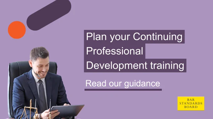 Smiling man in a suit uses a tablet against a purple background. Text reads, “Plan your Continuing Professional Development training. Read our guidance.” Bar Standards Board logo in yellow.