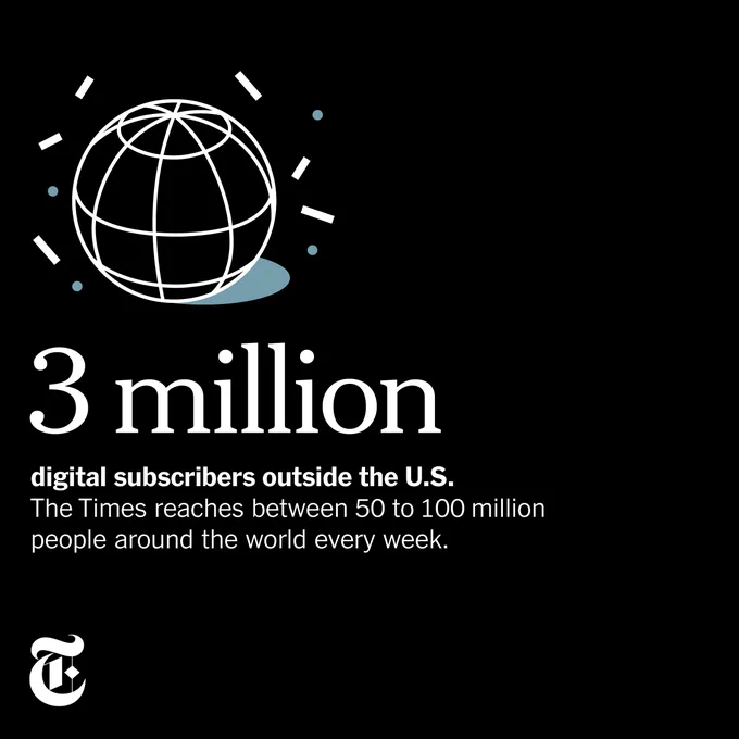 3 million digital subscribers outside the U.S. 
The Times reaches between 50 to 100 million people around the world every week.
