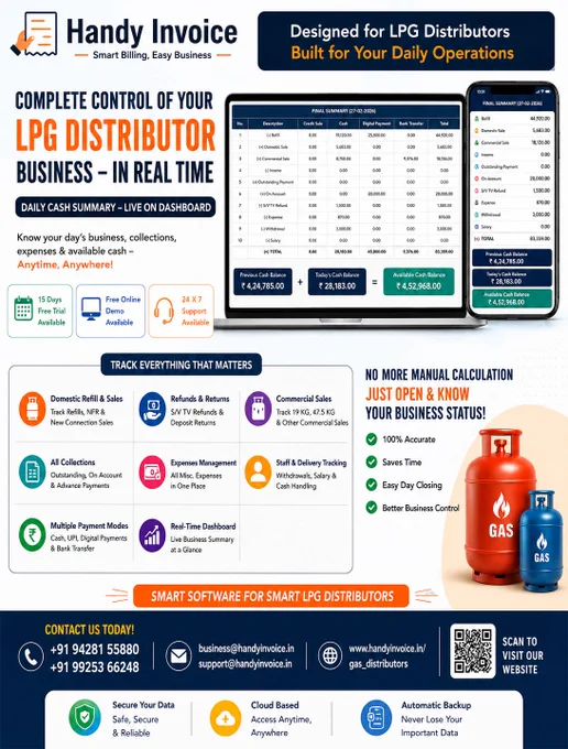 📊 Still spending hours calculating your daily LPG business figures?

With Handy Invoice, track everything in one place:

✅ Domestic & Commercial Sales
✅ Cash, UPI & Bank Collections
✅ Expenses & Staff Withdrawals
✅ Live Cash Balance
✅ Real-Time Business Dashboard

No more manual calculations. Just open the dashboard and know exactly where your business stands.

🚀 15-Day Free Trial
💻 Free Online Demo

📞  91 94281 55880 |  91 99253 66248

🌐 www.handyinvoice.in/gas_distributors


#LPGDistributor #CylinderManagement #CustomerLedger #EmptyCylinderDetail #HandyInvoice #LPGSoftware #CloudSolution