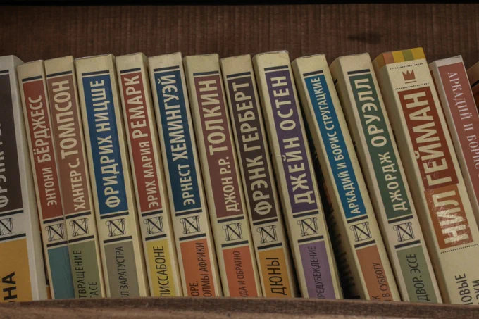 Fotografía de una fila de libros traducidos al ruso por Валентина Вехкалахти en Unsplash