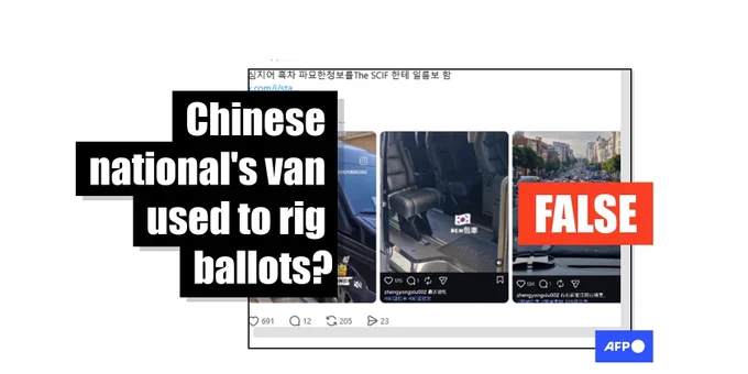 Screenshot of an Instagram post sharing a video and two screenshots of the inside of a car, accompanied with Korean captions. Text over the screenshot reads: "Chinese national's van used to rig ballots?" and "FALSE"