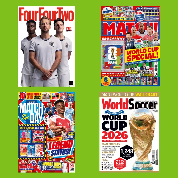 Four football magazines featuring England players and World Cup 2026 coverage with vibrant covers and headlines.