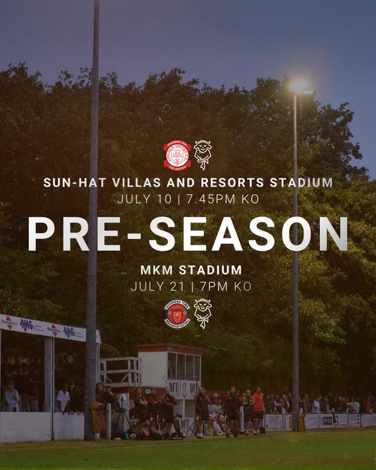 Image of a stadium with "pre-season" text announcing fixtures between Lincoln United and Lincoln City as well as Skegness Town and Lincoln City.

Lincoln United vs Lincoln City; Sun-Hat Villas and Resorts Stadium; July 10; 7.45pm KO

Skegness Town vs Lincoln City; MKM Stadium; July 21; 7pm KO