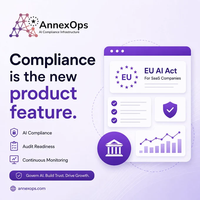 'Compliance is the new product feature.' for the EU AI Act for SaaS Companies, featuring a stylized browser window showing compliance checklists, a data analytics graph, and a shield badge.