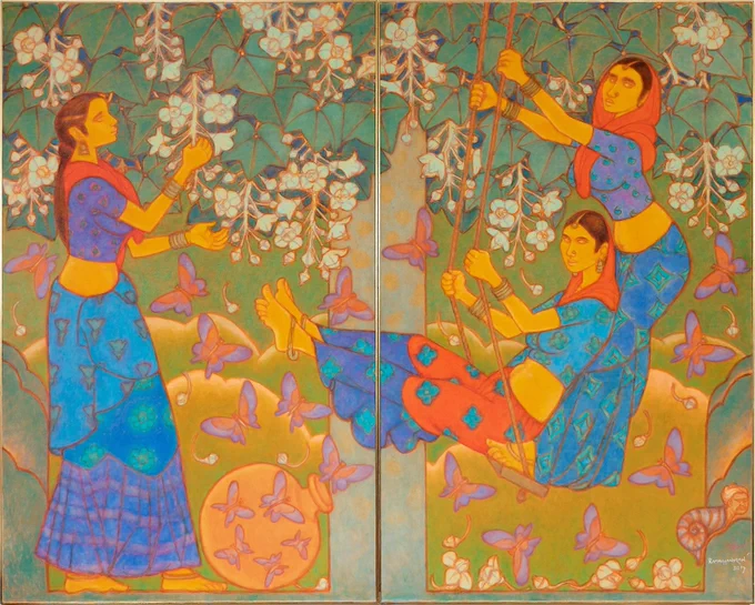 A. Ramachandran, Girls on the Swing, 2017, Oil on canvas, 78 x 96 in. Courtesy the artist and Vadehra Art Gallery