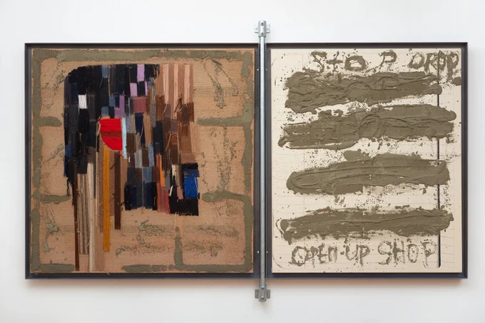 Alvaro Barrington, Stop Drop Open Up Shop N0924, 2024, Yarn and concrete on burlap, silkscreen and concrete on canvas, steel, scaffold pole, 213 x 338 x 11 cm. Photo by Robert Glowacki. Courtesy of the artist and Emalin, London