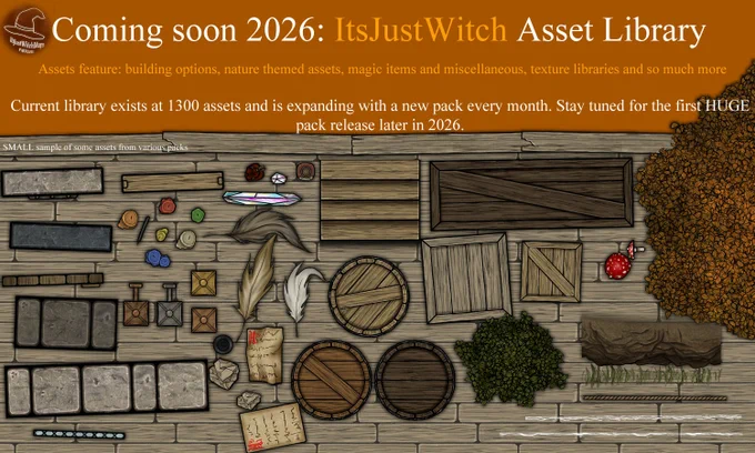 Image of ItsJustWitchMaps assets with information about what they are, how many there are, and when they'll be available for public use. Some examples shown are doors, stone walls, wall and hand lanterns, candles, stairs, crates, trees and more.