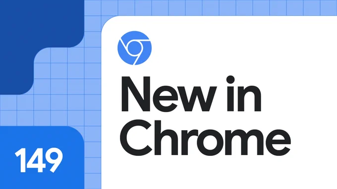 Graphic with the text “New in Chrome” and the number 149, alongside the Chrome logo on a blue grid background.